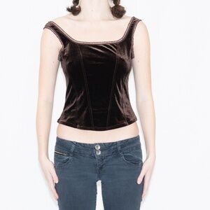 Y2k brown velvet tank top corset style size medium arianne polyester spandex